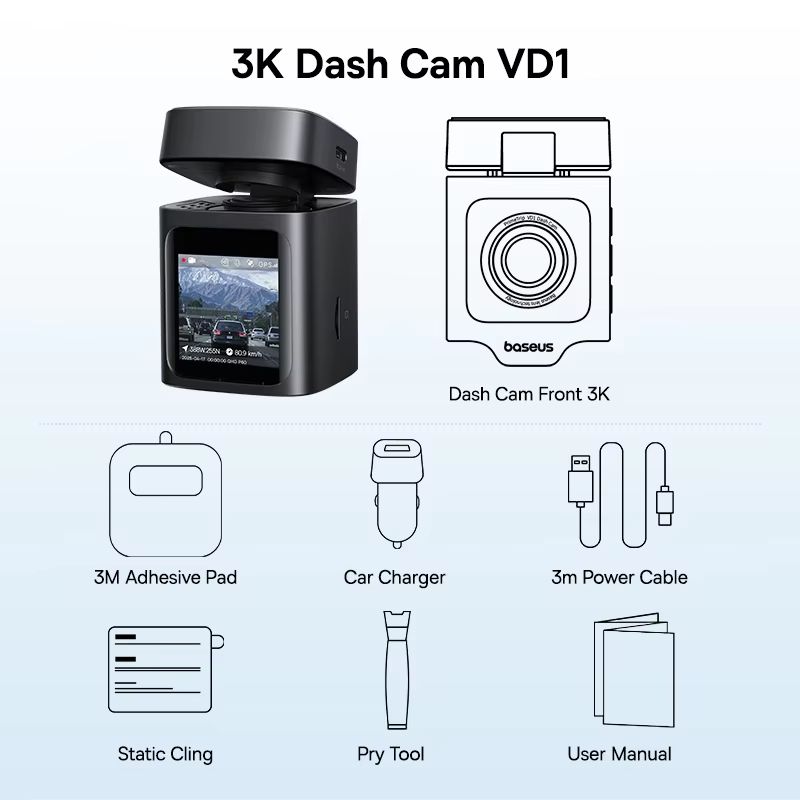 Baseus VD1 3K Dash Cam with GPS - Front and Rear Car Camera with Supercapacitor & 24H Parking Surveillance