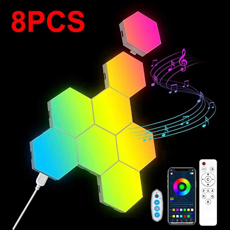 RGB Bluetooth Hexagon Wall Lights - App & Remote Controlled Modular LED Panels for Bedroom & Gaming Decor