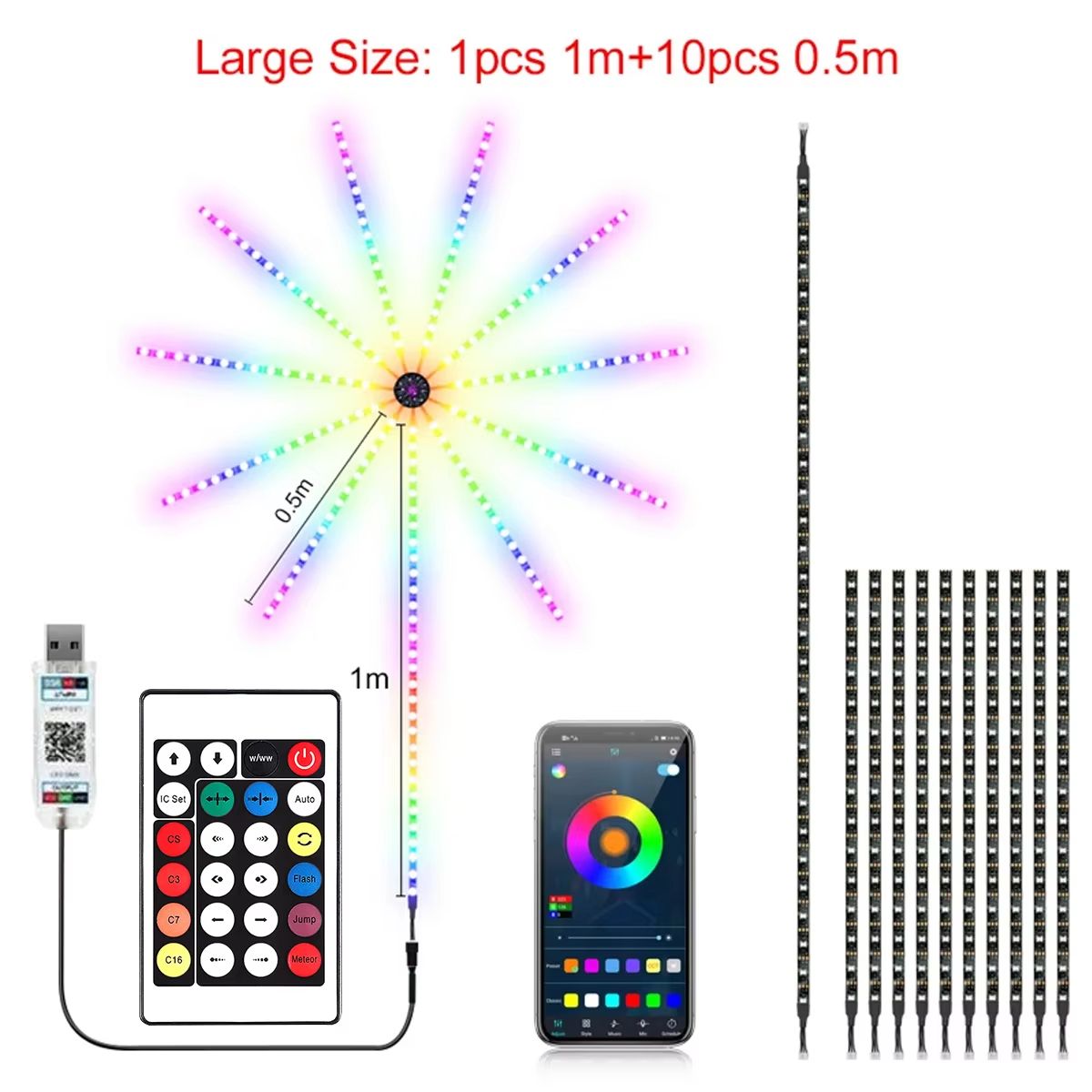 RGBIC Firework LED Strip Lights – Bluetooth App Controlled Neon Light with USB Power and Music Sync for Bedroom Decor