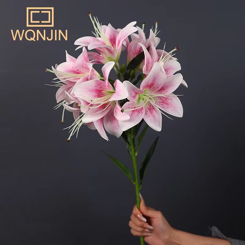 Simulated 10 Head Silk Lily Long Branch Bouquet for Wedding and Home Decor
