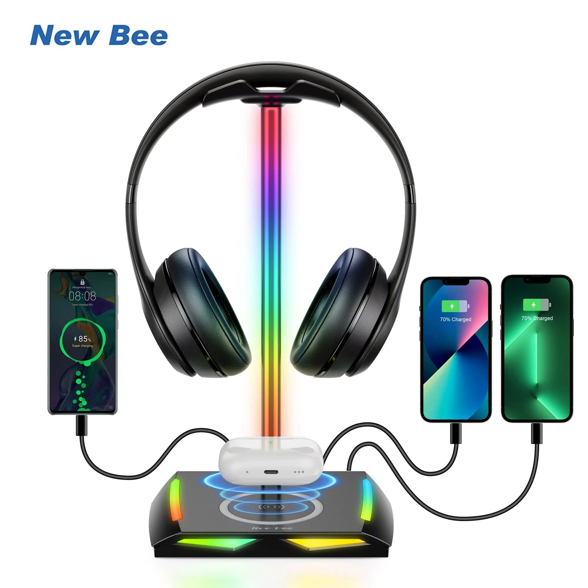DeskGlow Z12 RGB Headphone Stand with Wireless Charging Base - Gaming Headphone Stand with USB Ports and LED Accent Ligh