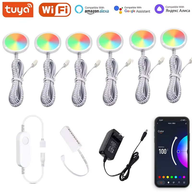 Tuya Smart WiFi RGB LED Under Cabinet Puck Light Kit DC12V