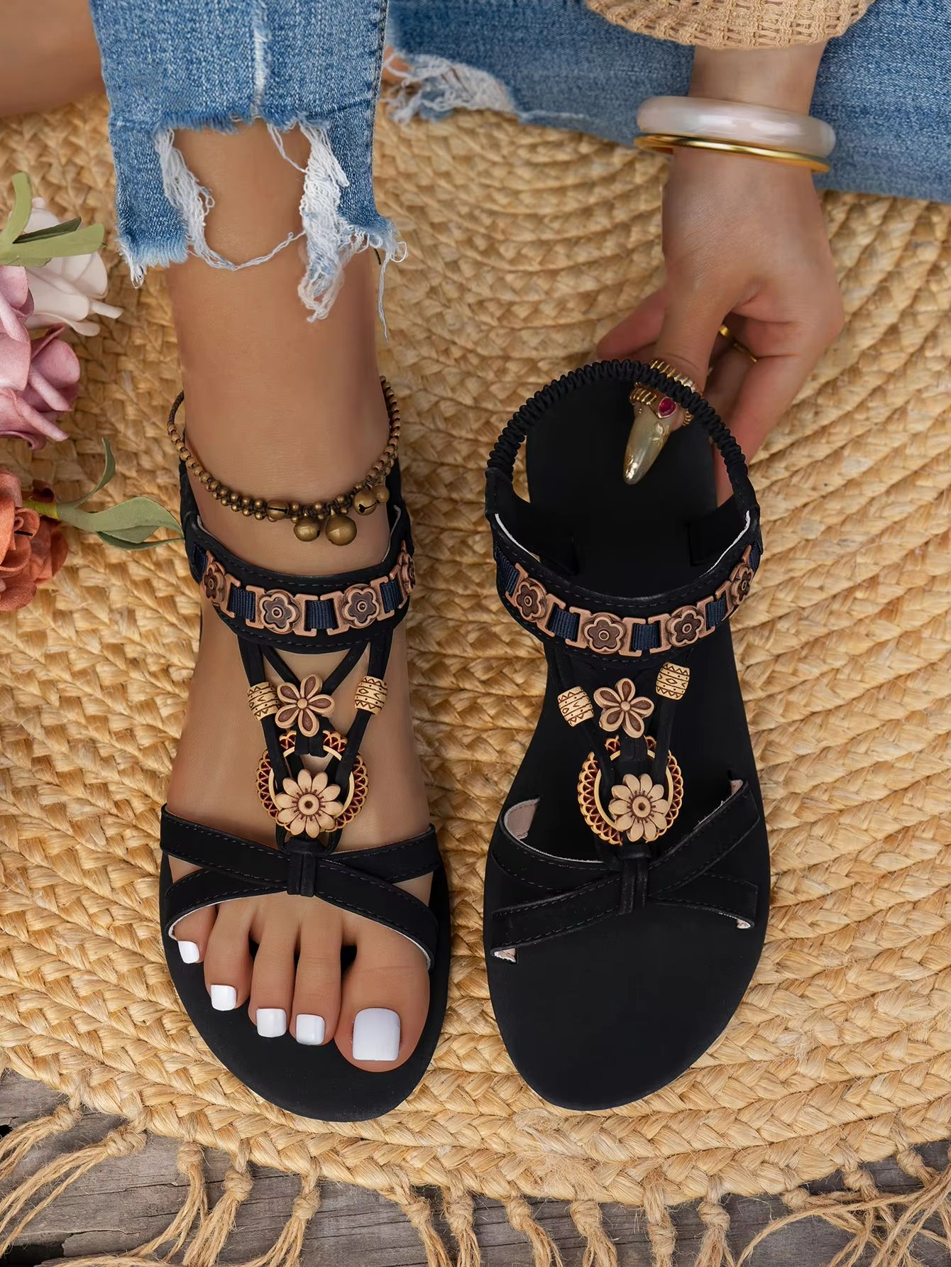 Boho Bliss Round-Toe Flat Sandals - Casual Summer Bohemian Sandals