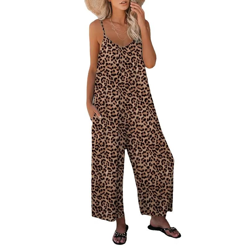 Leopard Print Loose-Fit Strap Jumpsuit - Women's Casual Summer Jumpsuit