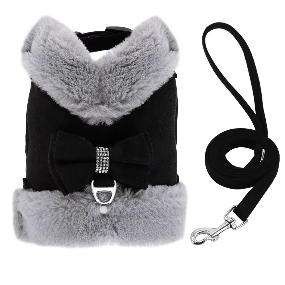 SnuggleSpark Fur Dog Harness Set - Rhinestone Bow for Warm Puppy Coats