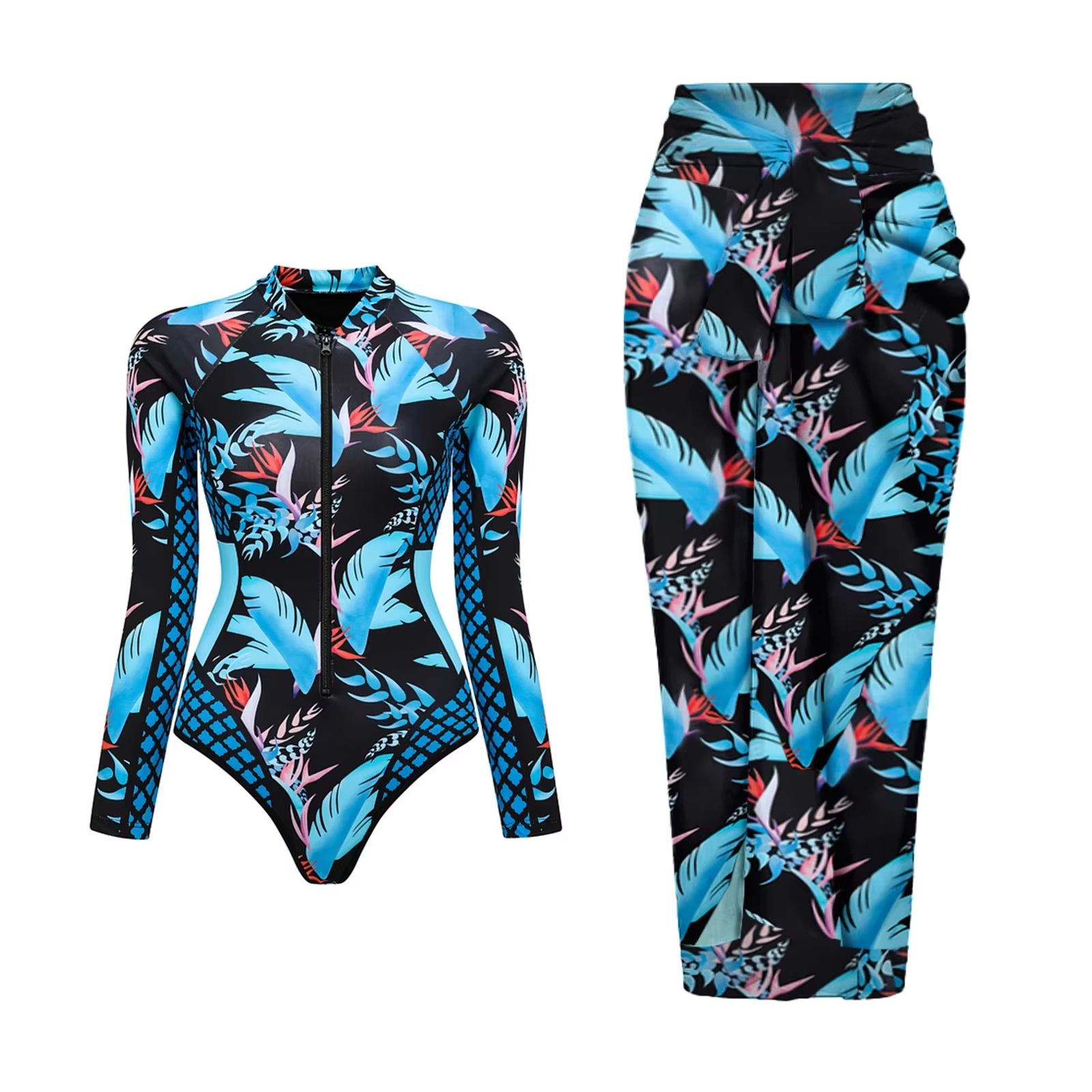 Womens Long Sleeve One Piece Swimsuit with Wrap Skirt Vintage Print Surfing Bathing Suit