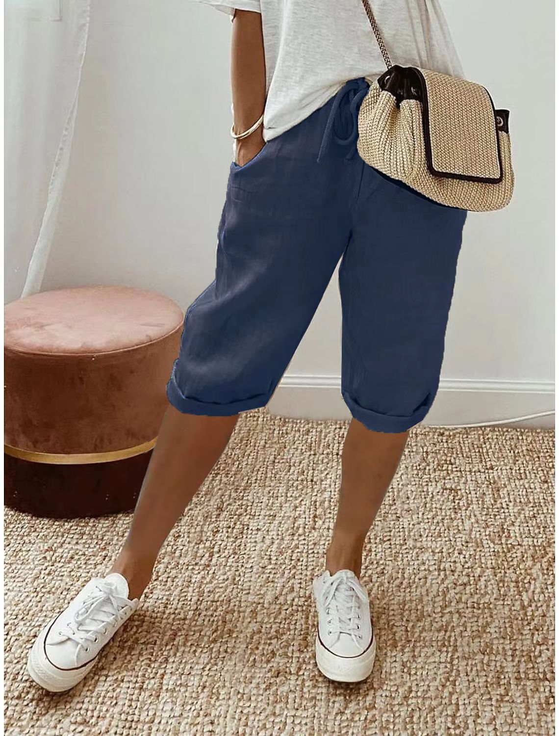 Women's Cotton Linen Summer Shorts – Elastic Waist Casual Pants with Pockets, Lightweight 5-Quarter Design