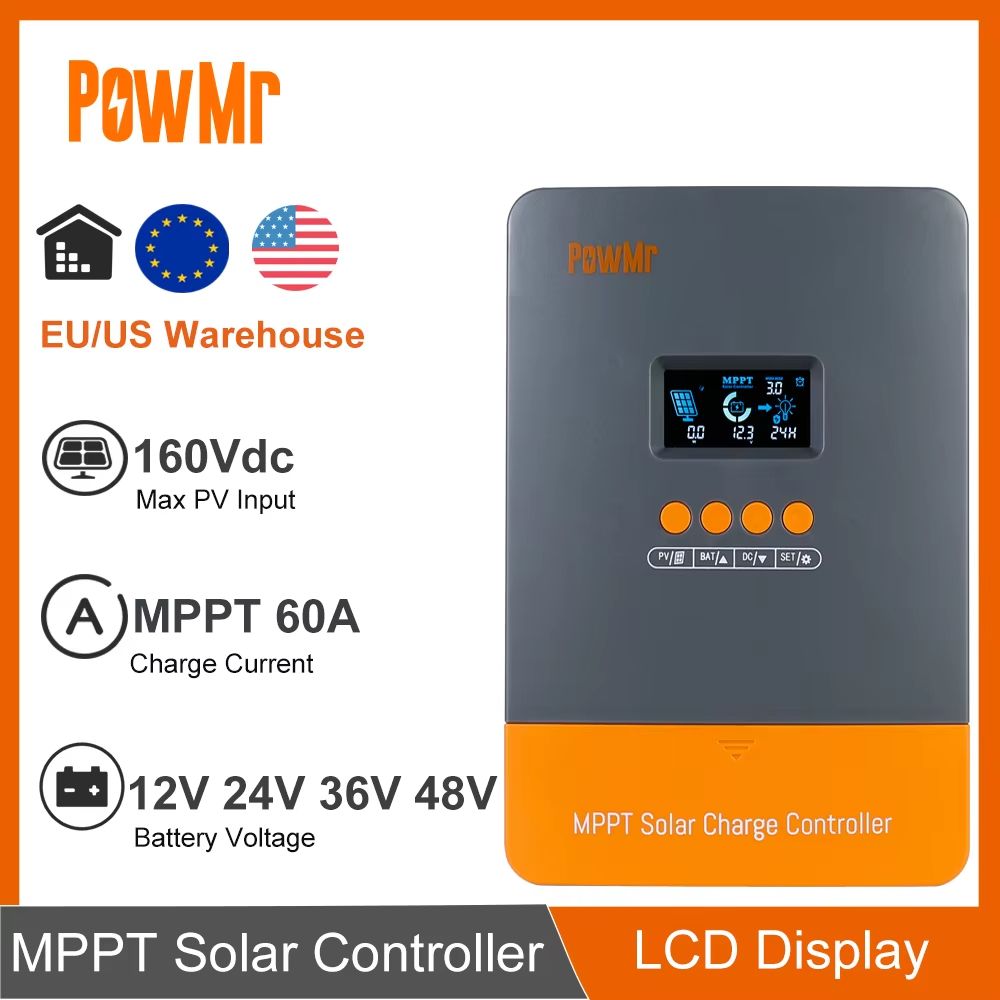 PowMr MPPT Solar Charge Controller - 60A 12V/24V/36V/48V Auto Regulator with LCD Display for Lithium Battery Systems