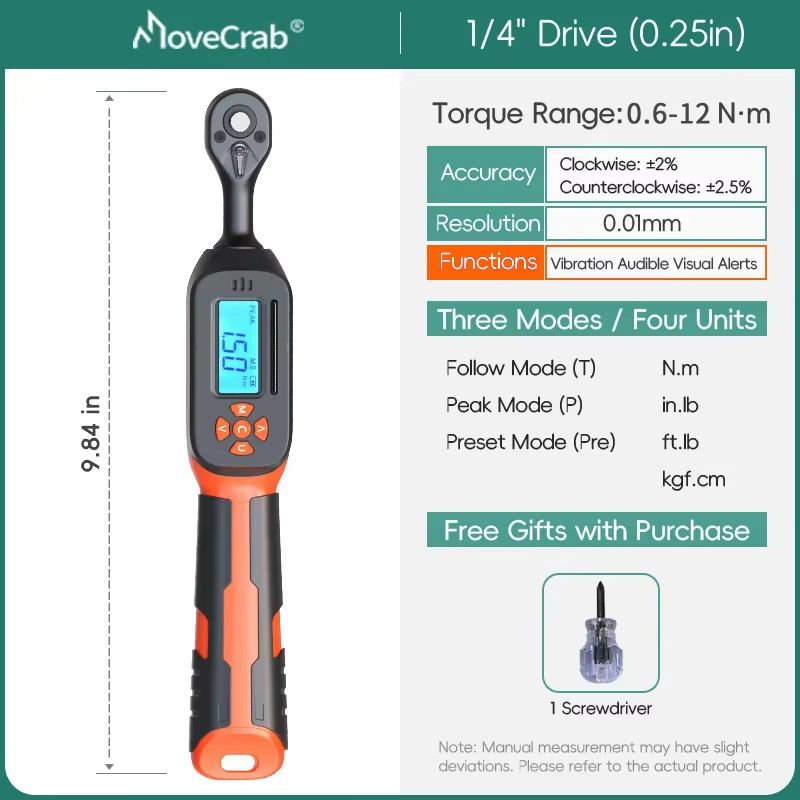 MOVECRAB Digital Torque Wrench Adapter 1.5-340Nm - High Precision Electronic Torque Meter with Preset Modes, Buzzer & LE