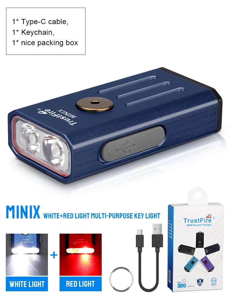 TrustFire MiniX Rechargeable Keychain Flashlight - 320LM EDC Torch with UV & Red Light