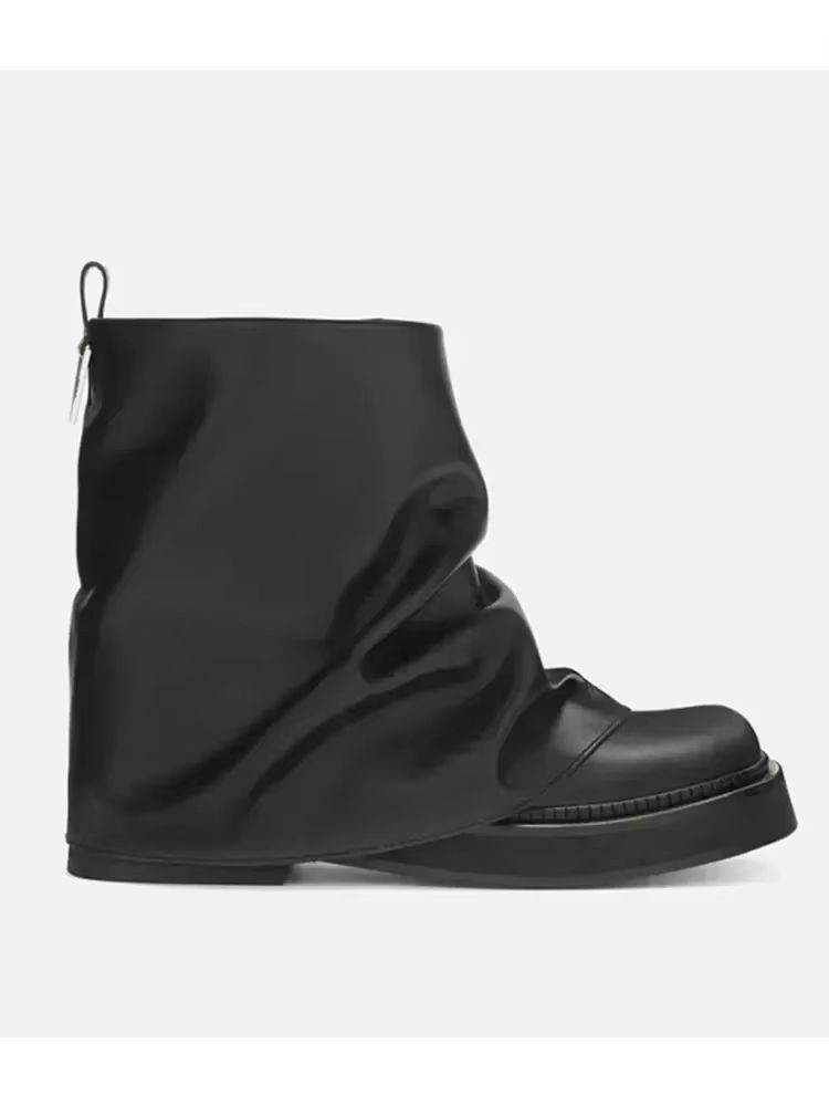 Women's Autumn Winter Calf Boots – Pleated Leather Mid-Leg Design with Thick High Heels