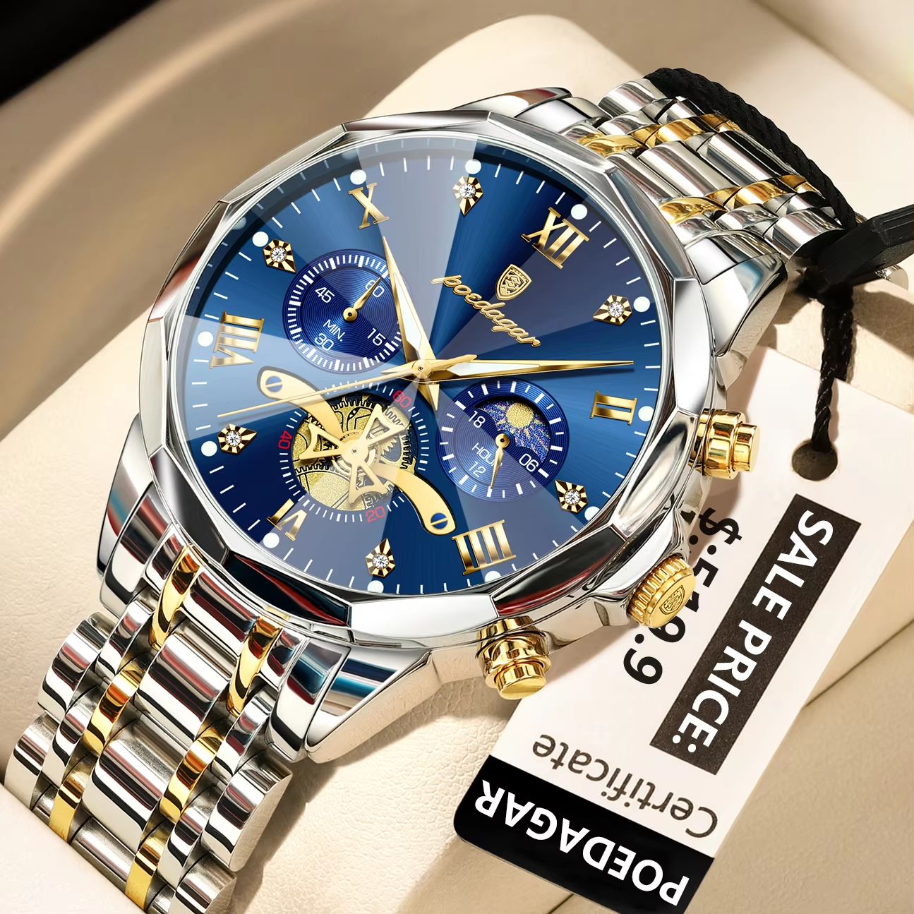 POEDAGAR Luxury Men's Watch – Waterproof Stainless Steel Chronograph Quartz Wristwatch with Luminous Display