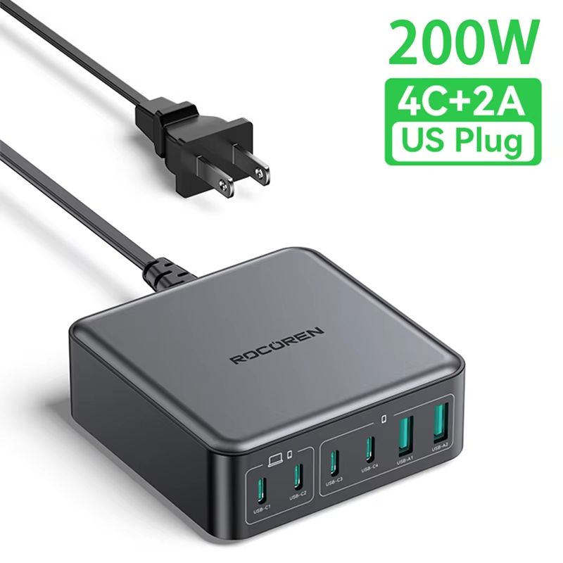 Rocoren 200W GaN Fast Charger - 6-Port USB-C Desktop Charging Station for Laptops, Phones & Tablets