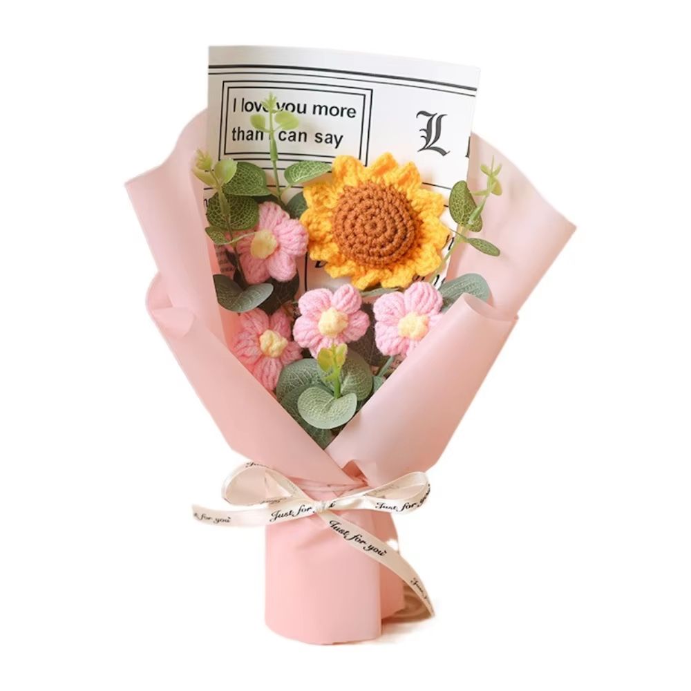 Handmade Crochet Flower Bouquet – Artificial Flower Sunflower & Daisy Arrangement for Anniversary, Mother's Day, and Bir