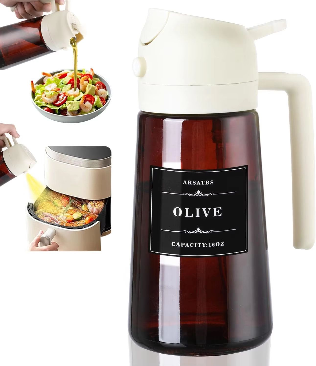 2-in-1 Glass Oil Dispenser and Sprayer – 16oz Leakproof Olive Oil Bottle for Cooking, Air Fryer, BBQ & Baking
