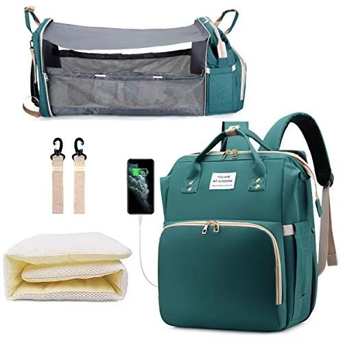 TravelEase 3-in-1 Diaper Bag Backpack with Foldable Baby Bed – Waterproof USB Charging Travel Bag