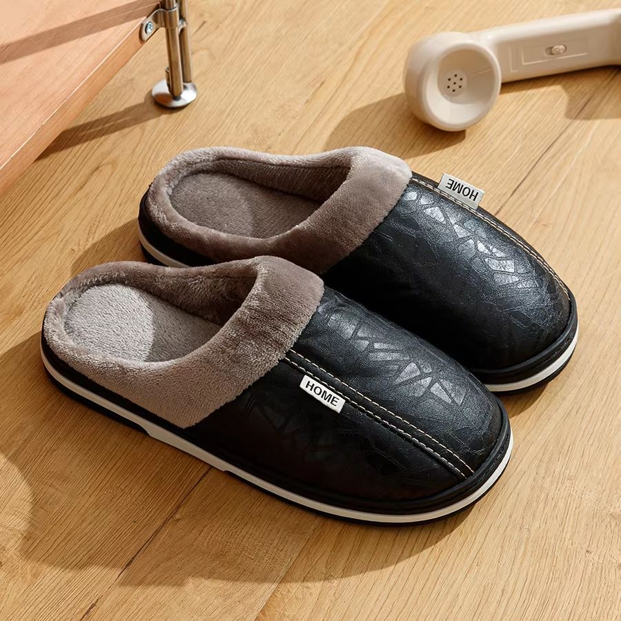 UltimateWarm PU Leather Waterproof Winter Slippers – Big Size Men's Indoor Home Fur-Lined Shoes