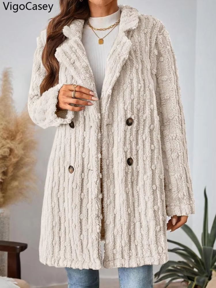 VigoCasey 2025 Women's Double-Breasted Apricot Jacket – Plush Warm Coat with Turndown Collar for Autumn & Winter
