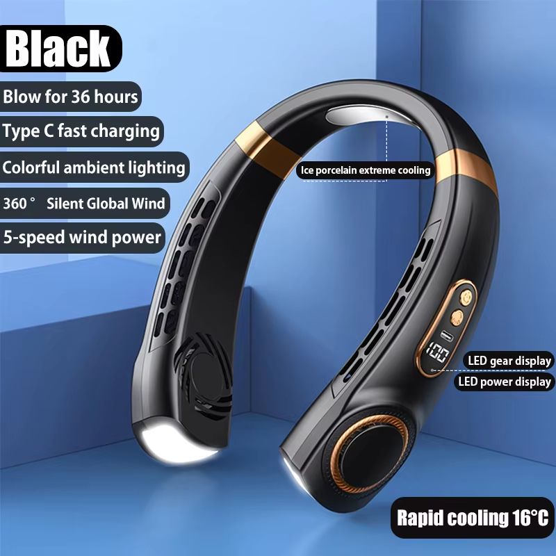 Portable Hanging Neck Fan with LED Digital Display - USB Rechargeable Bladeless Air Cooler