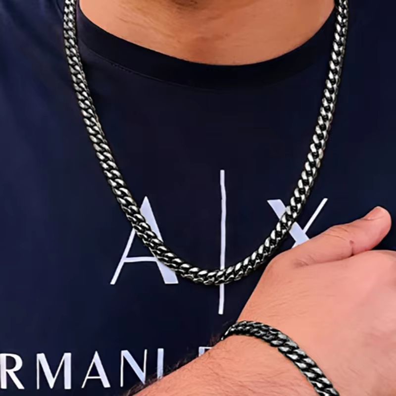 2pcs Mens Cuban chain necklace and Bracelet Silver Color chunky chain set in Stainless Steel