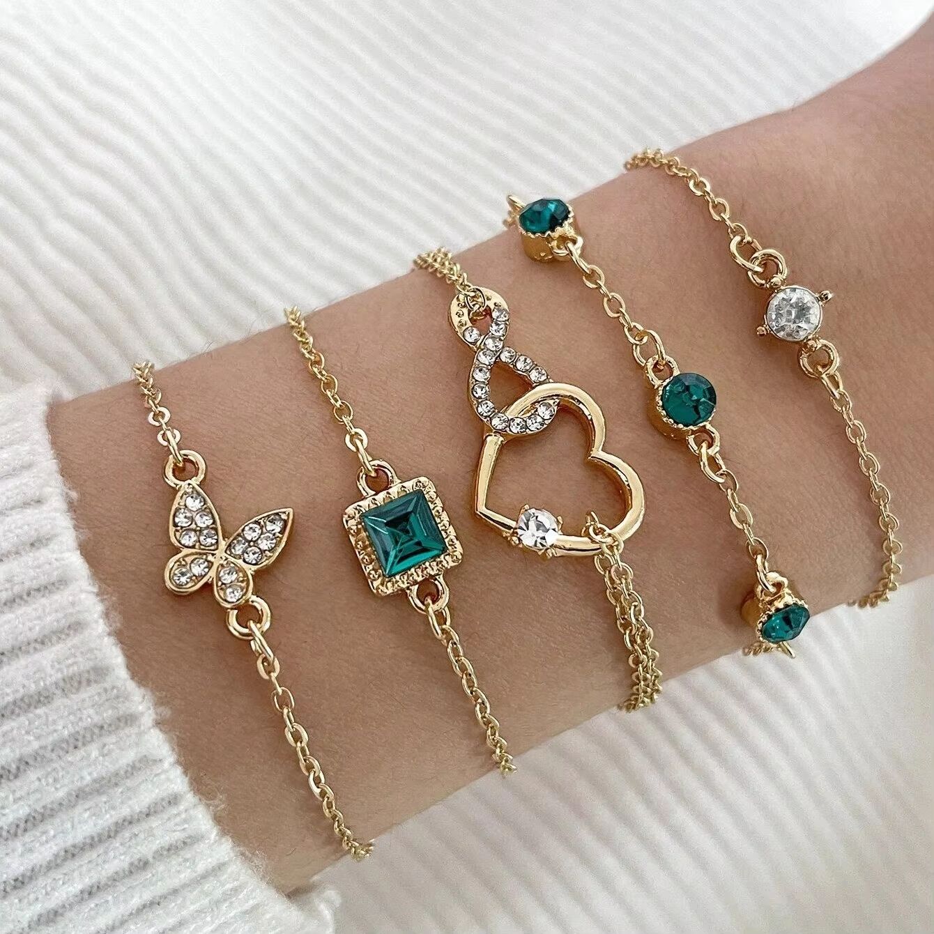 5 Piece heart bracelet set for Women – green crystal bracelet and butterfly bracelet Gold Color Stack