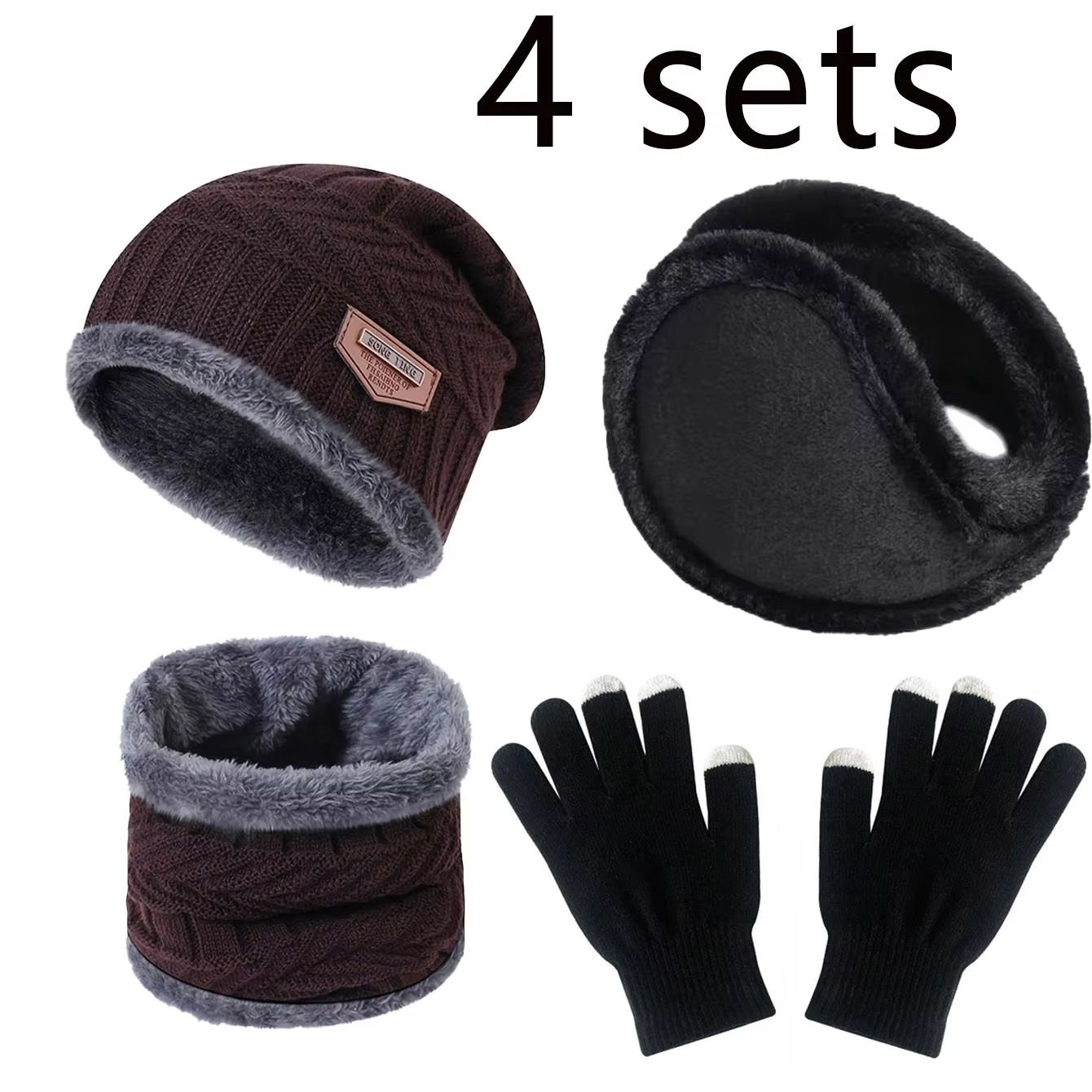 4pcs Velvet winter hat and scarf set with warm beanie and gloves – Unisex Neck Warmer Outdoor Cold Weather Kit