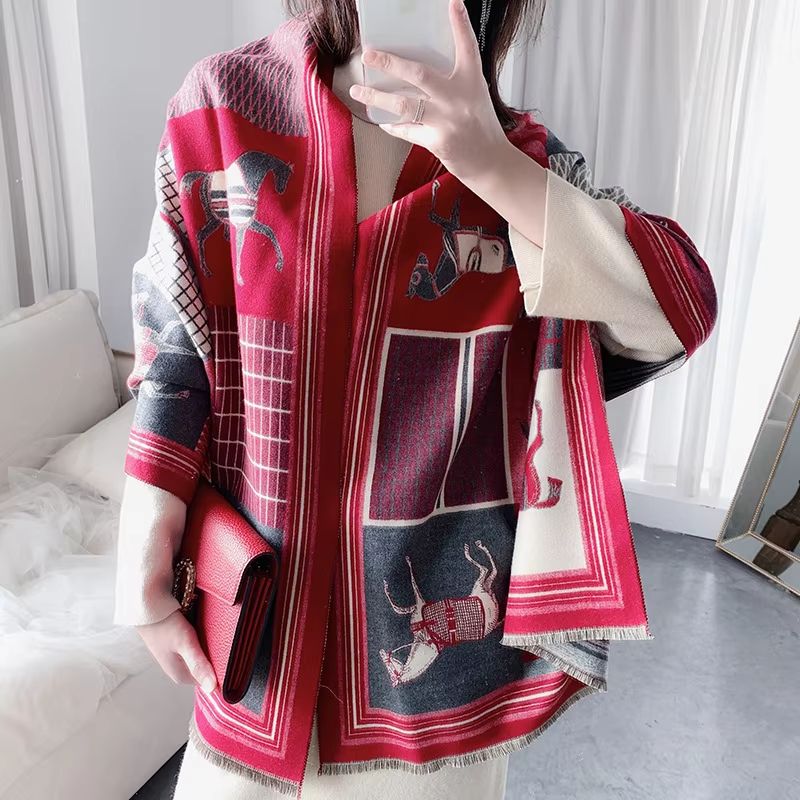 Equestrian Luxe Cashmere-Look Scarf – Horse Print Women's Thick Winter Shawl Wrap