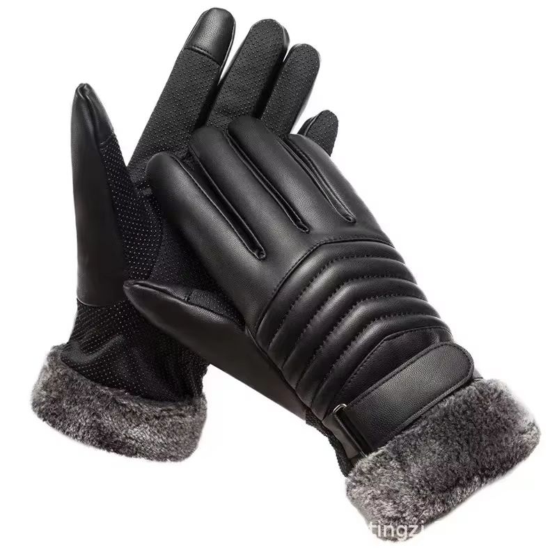 Mens Plush Insulated PU Leather Touchscreen Winter Cycling Gloves