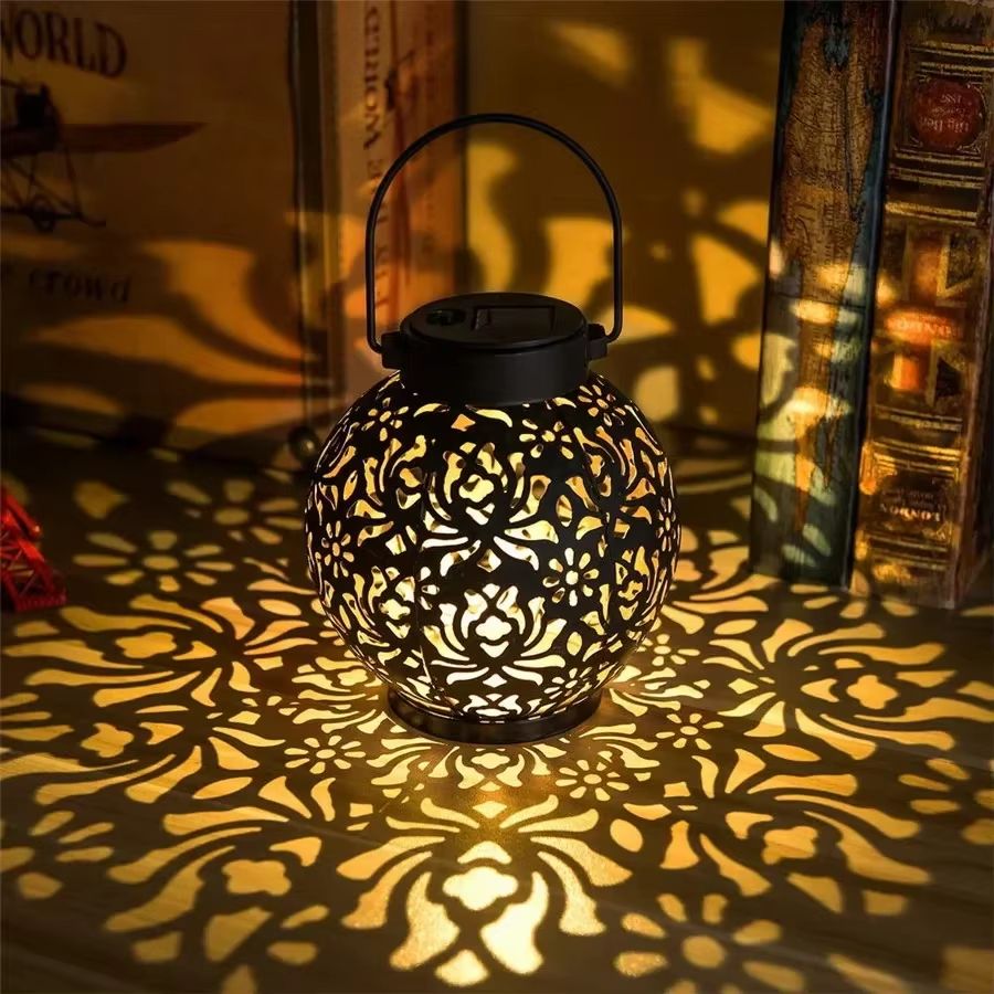 Solar Hollow Iron Art Garden Lantern – Outdoor Hanging LED Projection Light, Waterproof for Landscape and Patio Decor