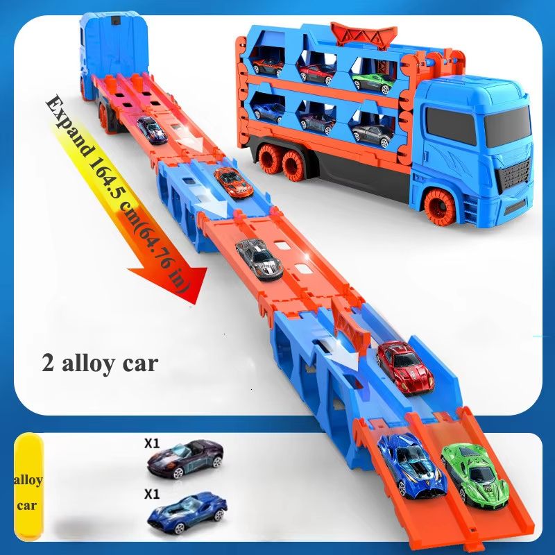 Large Car Transporter Truck With Folding Race Track And Alloy Cars For Kids