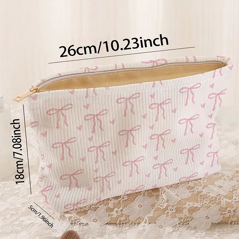 Pink Bowknot Cosmetic Bag Corduroy Zipper Makeup Organizer Lightweight Portable Cosmetic Storage Bag for Women Travel Ha