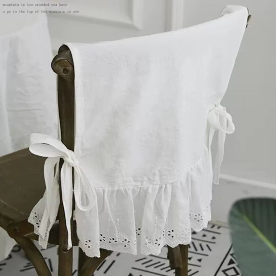 Elegant White Cotton Chair Back Cover โ Embroidered Lace Flounced Household and Wedding Decoration