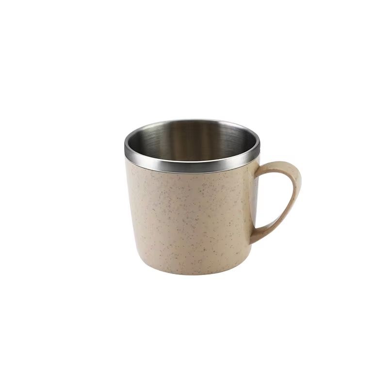 Simple Solid Color Stainless Steel Mug – Wheat Straw Element Small Water Cup, Anti-Scalding, Children's Drinking Cup