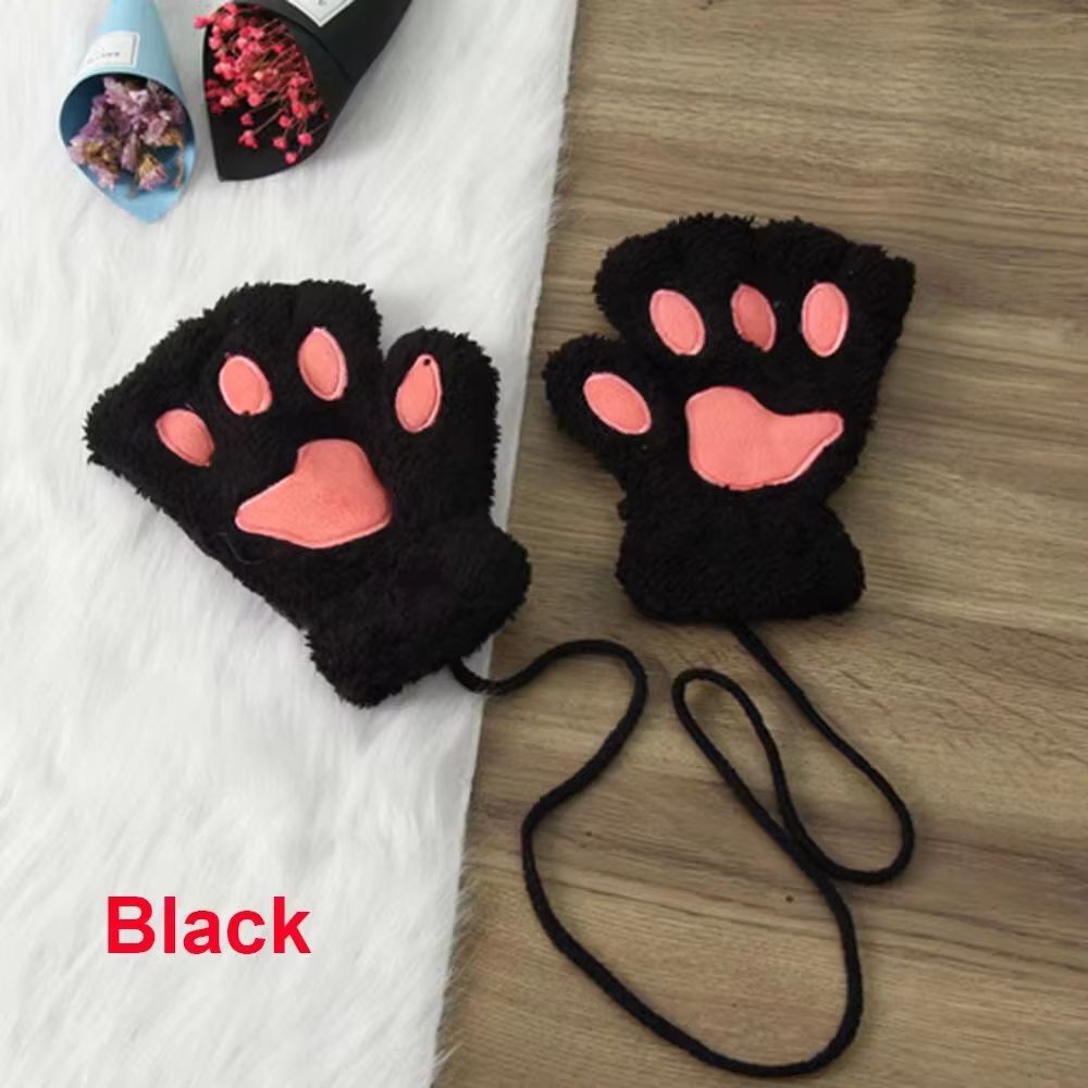 Cute Cat Claw Winter Half Finger Gloves - Thick Fluffy Bear Paw Plush Fingerless Mittens for Women and Girls