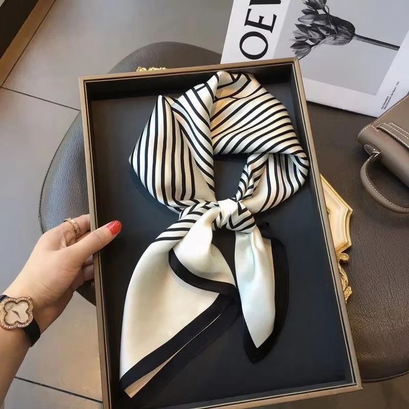 Women's Striped Silk Satin Square Scarf – 27.56x27.56in Elegant Headband, Neck Wrap & Bandana
