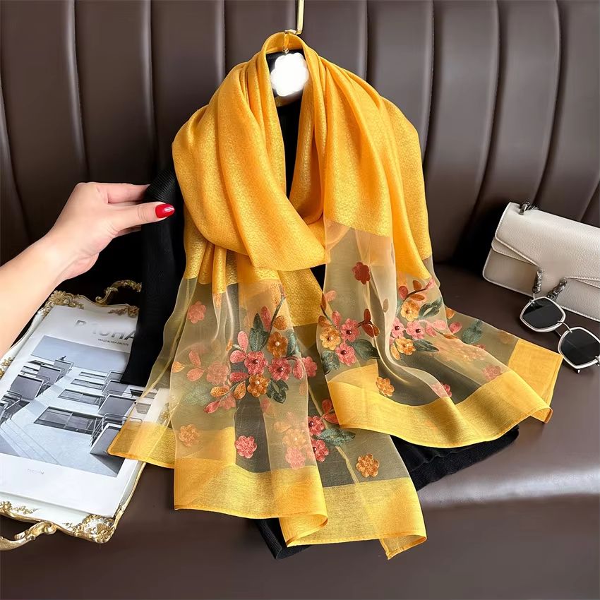 Luxury Shiny Lace Hijab Scarf with Floral Embroidery Lightweight Silk Feel Shawl Wrap for Women