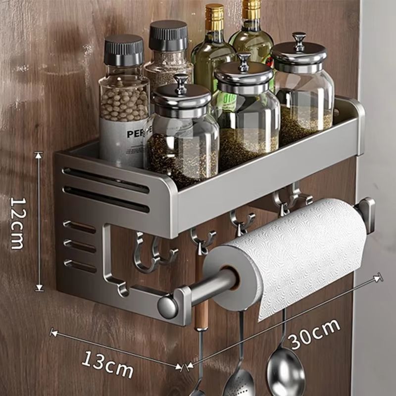 Wall-Mounted Kitchen Storage Rack With Hooks and Seasoning Shelf Organizer