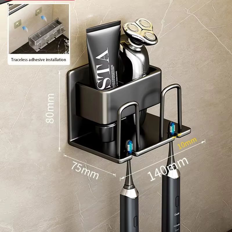 Aluminum Wall Mounted Punch Free Toothbrush and Toothpaste Holder Metal Bathroom Storage Rack