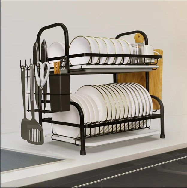 2 Tier Dish Drying Rack with Drainboard Compact Kitchen Counter Dish Rack with Utensil Holder