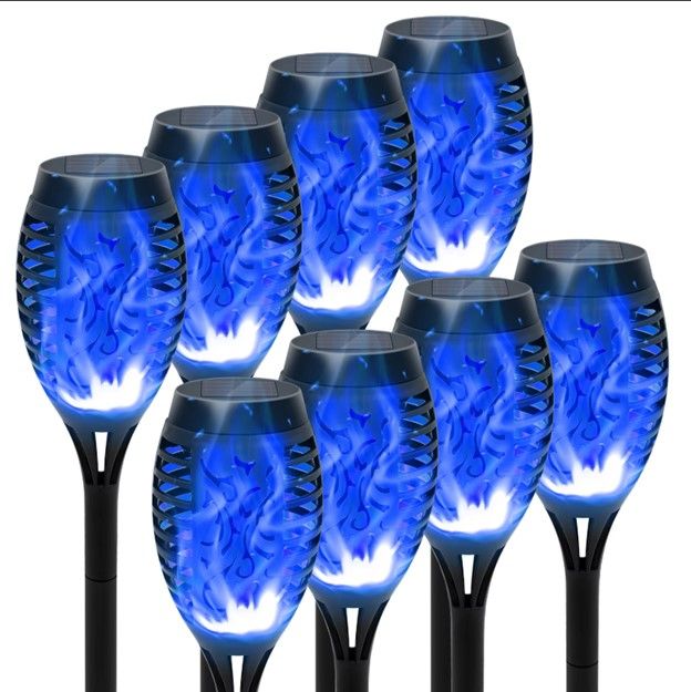 8 Pack Blue Solar Torch Lights Outdoor Waterproof Flickering Flame Garden Pathway Decor