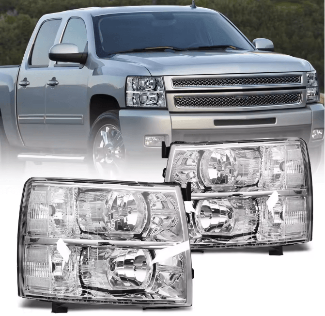 OEM Style Chrome Housing Headlights Clear Lens Replacement Pair for 2007-2013 Chevy Silverado (Bulbs Not Included)