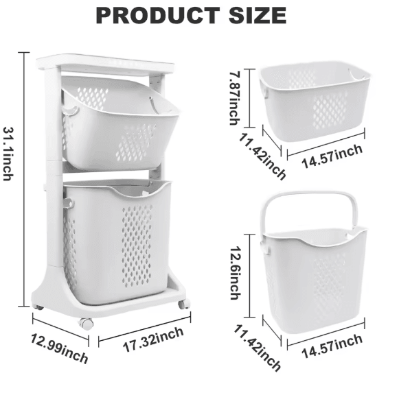 2 or 4 Tier Rolling Laundry Hamper Cart with Removable Baskets and 360 Wheels for Easy Sorting in White