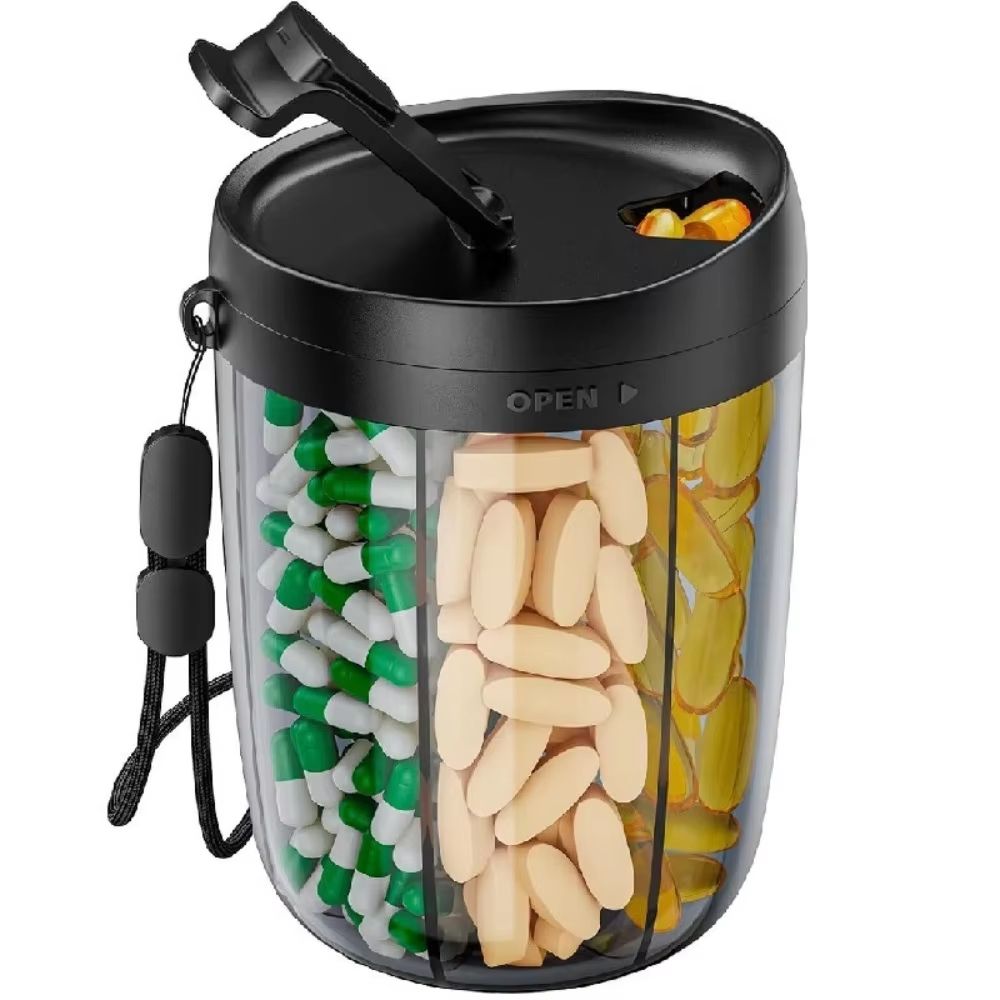 6-Compartment pill organizer with Wide Opening, BPA-Free Anti-Mix pill dispenser for Vitamins and Daily Supplements