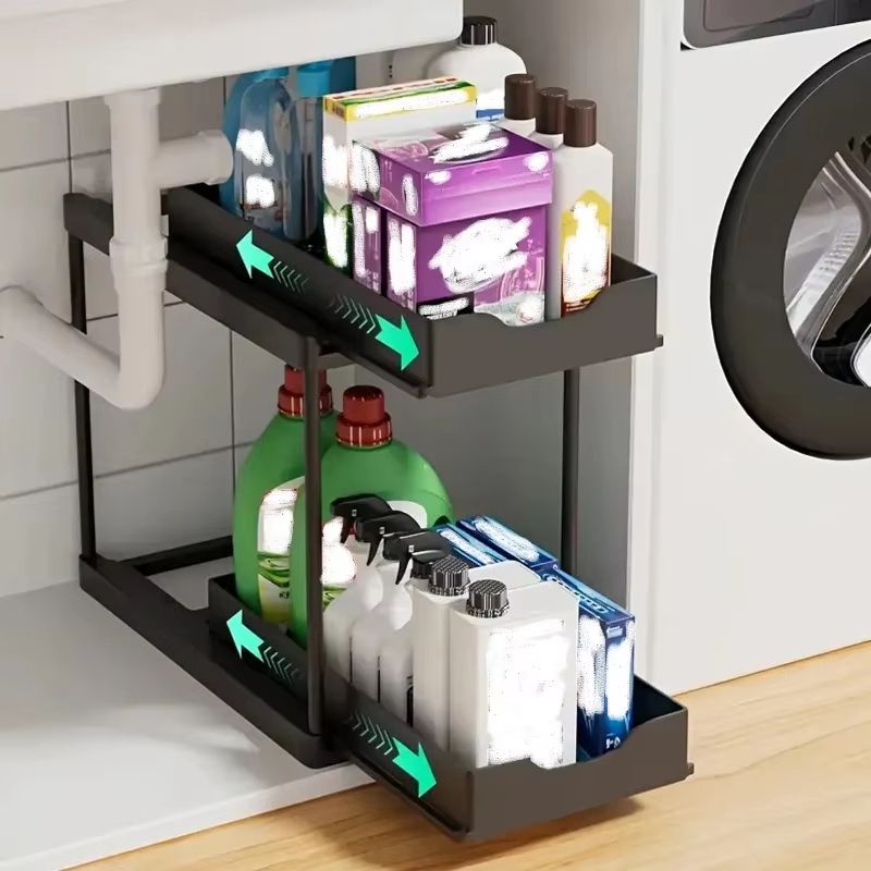 1 Tier Under Sink Organizer Sliding Cabinet Organizer Pull Out Storage Rack with Hooks and Hanging Cup
