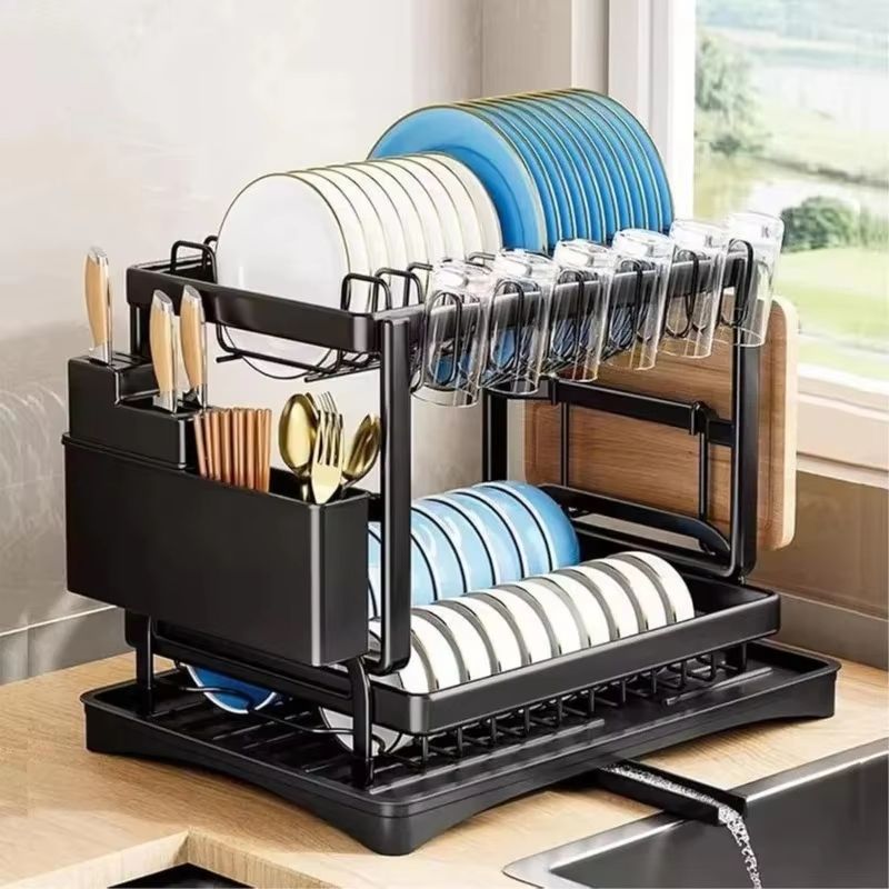2 Tier Dish Drying Rack Large Capacity Metal Dish Drying Rack for Kitchen Counter with Utensil and Plate Organizer