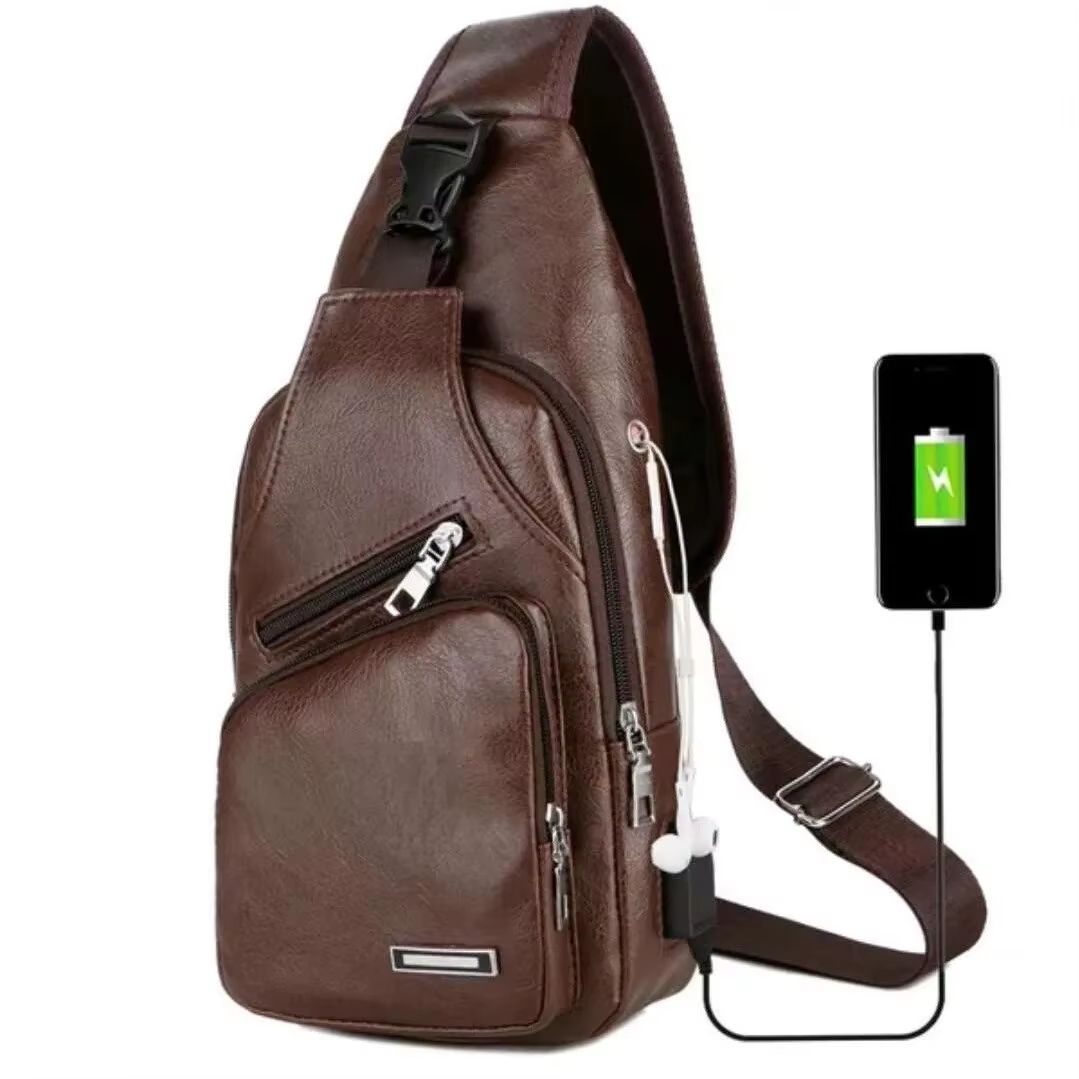 Men's PU Leather USB Charging Chest Bag Crossbody for Commuting and Travel
