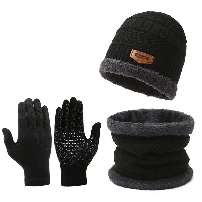 Men's Windproof Winter Hat Scarf and Gloves 3-Piece Set with Cashmere Insulated Knit