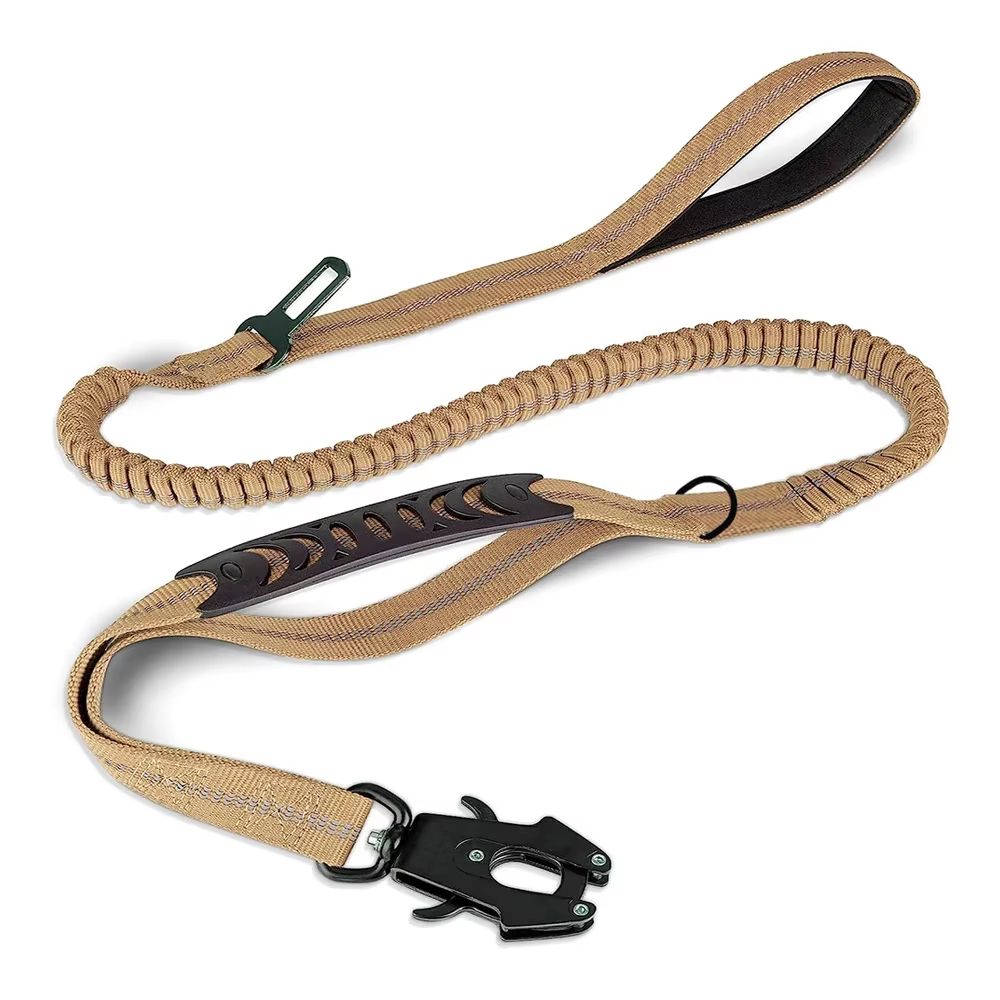Heavy Duty tactical bungee dog leash with Reflective Stitching and Car Seatbelt Clip for Large Dogs