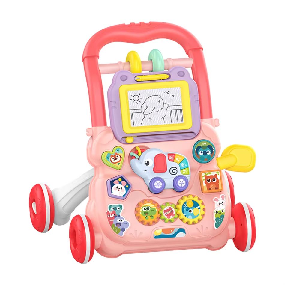 Multifunction Baby Cartoon Push Walker Toy with Music and Drawing Board