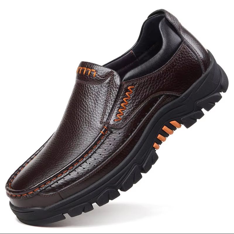 Genuine Leather Men's Slip On Loafers Thick Sole Cowhide Casual Work Shoes